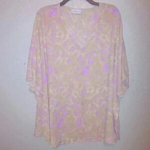 Adrienne PRINT Biege Purple V-Neck PONCHO TUNIC Size Medium Oversized